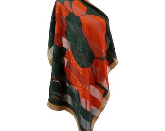 LANCETTI Vintage 100% Silk Scarf Green Orange Sheer Jacquard Square Wrap 33x35"