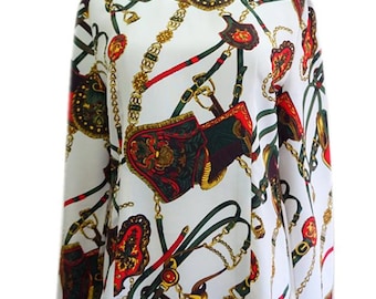 Vintage Bluebell Silky Blouse S White | equestrian belt harness chain print back button top