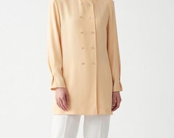 90s Vintage 100% Silk Shirt M， Cream Heavy Silk Ottoman Double Breasted Tunic Blouse Mother of Pearl Buttons Ivory Top Jacket