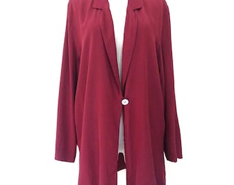 Dinah Flo Vintage 100% Silk Shirt L Burgundy | heavy silk shirt, silk jacket blazer, shell button blouse, longline tunic, vintage top