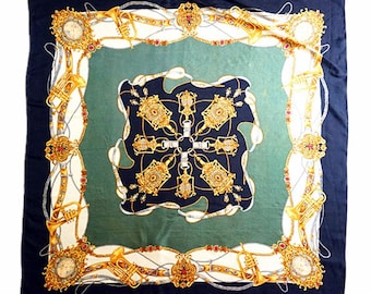 Vintage 100% Pure Silk Twill Scarf French Horns Jewels Navy Green Gold Cecile Premium Wrap