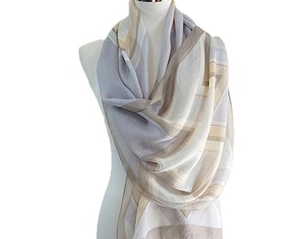Nina Ricci Paris Vintage 100% Silk Scarf Grey Beige Chevron Shawl 62 x 19"
