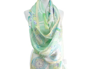 Vintage DAKS 100% Silk Scarf Antique Clock Print Geometric Long Neck Wrap Stole 160x50cm Premium Wrap