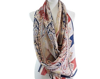 Metrocity Vintage 100% Pure Silk Scarf Paisley Red Blue Long Shawl 62 x 19" Premium Wrap