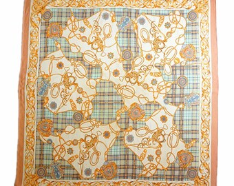 Vintage 100% Pure Silk Square Crepe Scarf Equestrian Gold Chains Plaid Peach Premium Wrap