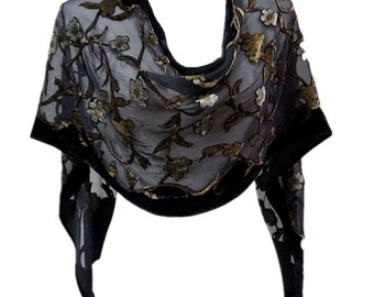 PINTO Vintage 100% Silk Velvet Scarf Black Gold Floral Devore Wrap Shawl 67x14" Long Scarf Luxury Premium Accessory