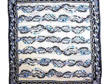 HippoVintage 100% Pure Silk Crepe Scarf Beaded Jewelry Print Blue Grey Black Premium Wrap