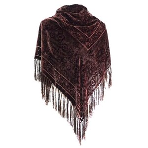 Rare 100% Silk Velvet Floral Lattice Print Brown Long Tassels Shawl  Luxury Premium Accessory