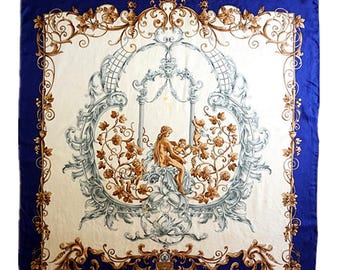 Vintage 100% Pure Silk Twill Scarf Classical Renaissance Goddess Cherubs Royal Blue Gold Cream Premium Wrap