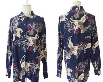 Vintage 100% Silk Crepe Shirt L Navy Blue | medieval knight equestrian print, Saint George halo rider button down top, retro graphic shirt