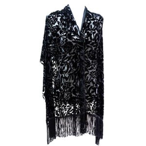 Made in USA Vintage 100% Silk Velvet Scarf Black Floral Devore Fringe Wrap Shawl 69x20" bebe Long Scarf Luxury Premium Accessory