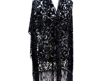 Made in USA Vintage 100% Silk Velvet Scarf Black Floral Devore Fringe Wrap Shawl 69x20" bebe Long Scarf Luxury Premium Accessory