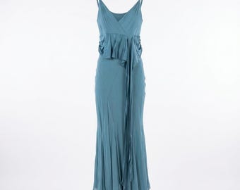 90s Vintage 100% Pure Silk Chiffon Teal Blue Cami Maxi Dress 4 Ruffled V-Neck Gown