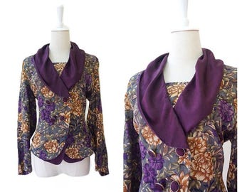 90s Vintage 100% Silk Satin Floral Jacket S Purple | shawl collar blazer, double breasted top, tapestry print jacket, retro vintage top