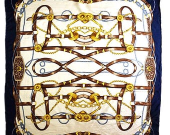Vintage Equestrian 100% Pure Silk Twill Scarf Horse Bits Leather Straps Gold Chains Navy White Premium Wrap