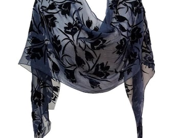 Elegance Paris Vintage 100% Silk Velvet Scarf Navy Blue Floral Devore Shawl 67x14" Long Scarf Luxury Premium Accessory