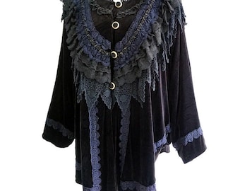 Vintage Gothic Lace Velvet Batwing Cardigan Coat M | black blue multi ruffle trim button jacket, victorian oversized openwork lace top