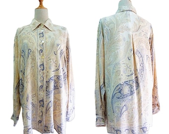 Crystal Vintage 100% Silk Shirt IT 2 L Made in Italy | paisley print blouse, mother of pearl button, italian silk top, cream boho shirt,