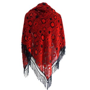 Vintage Silk Velvet Shawl: Red Black Circle Print, Long Tassels
