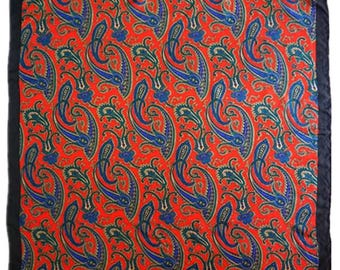 Vintage 100% Pure Silk Twill Paisley Scarf Vibrant Red Royal Blue Teal Black Border Premium Wrap