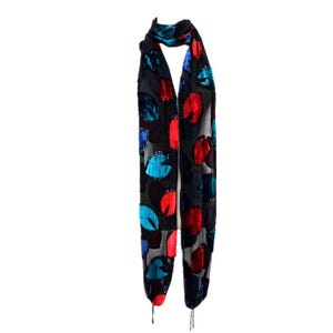 Rare 100% Silk Velvet Multicolor Patchwork Long Tassel Scarf Luxury Premium Accessory