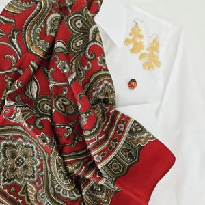 Vintage Red Paisley Silk Scarf with Gold Leaf Earrings, Retro Enamel Ladybug Brooch Pin, Elegant French-Styled - SPW Curate Collection