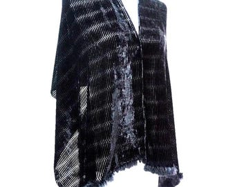 Vintage 100% Silk Velvet Scarf Black Fur Trim Mesh Devore Evening Shawl 59x20" Long Scarf Luxury Premium Accessory