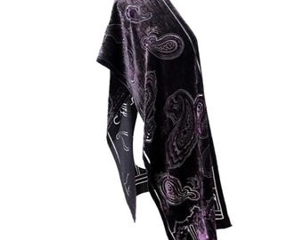 NINA RICCI Vintage 100% Silk Velvet Scarf Purple Paisley Devore Stole Shawl 67x14" Long Scarf Luxury Premium Accessory