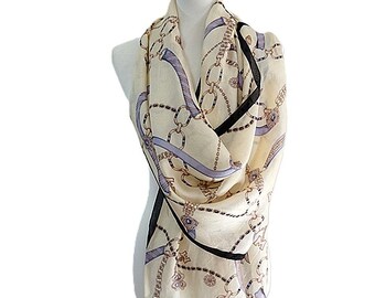 Metrocity Vintage 100% Silk Scarf Chain Link Beige Black Border Shawl 62 x 19"  Equestrian Silk Wrap