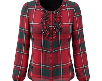 90s Vintage Pendleton 100% Silk Chiffon Red Plaid Ruffle Front Blouse Top 4 Petite