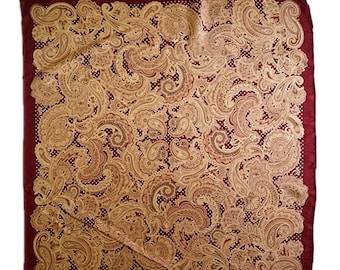 Vintage 100% Pure Silk Twill Paisley Scarf Burgundy Wine Red Beige Gold Polka Dot Premium Wrap