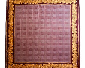 Vintage 100% Pure Silk Scarf Baroque Acanthus Leaf Grid Burgundy  Premium Wrap