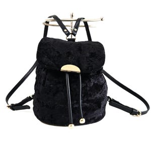 Vintage Black Crushed Velvet Drawstring Mini Backpack Flap Bucket Bag Gold Hardware