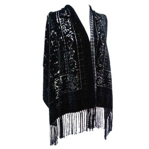 Vintage Rare 100% Silk Velvet Black Floral Tassel Long Scarf Luxury Premium Accessory
