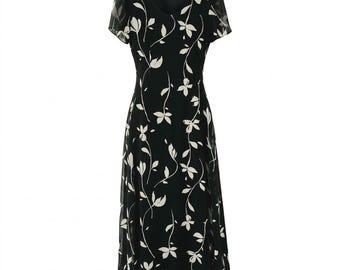 90s Vintage 100% Pure Silk Chiffon Black Floral Short Sleeve Midi Dress S V-Neck