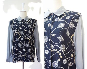 90s Vintage 100% Silk Shirt M Black | jewel print blouse, silk satin crepe top, grey collar long sleeve, vintage button up, vintage silk top