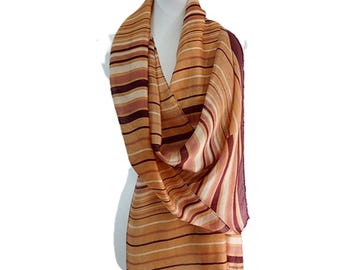 Paco Rabanne Vintage 100% Silk Scarf Striped Ochre Burgundy Shawl 62 x 19"