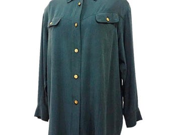 90s Vintage 100% Silk Shirt US L | sandwashed silk top, classic silk top, dark green blouse, pocket silk top, heavy silk shirt, vintage top