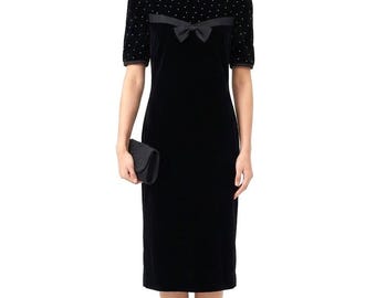 Vintage Courreges Paris Black Velvet Midi Dress S | polka dot rhinestone puff sleeve dress, retro French designer bow accent dress