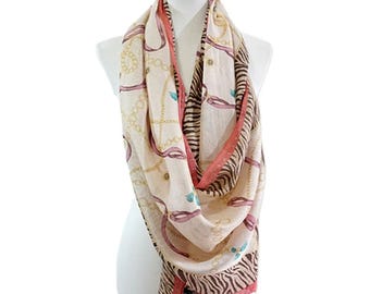 Metrocity Vintage 100% Pure Silk Scarf Pink Chain Animal Print Shawl 62 x 19", Chain Print Scarf, Animal Print Scarf, Equestrian Silk Wrap