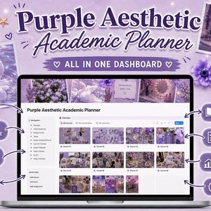 May include: A digital academic planner displayed on a laptop screen with a purple theme. Features include Google Calendar sync, course and class schedule, exam calendar, study planner, lecture tracker, habit tracker, dashboard, and goals.