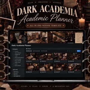 Puede incluir: Una plantilla de Notion para planificador académico digital titulada Dark Academia Planner. La interfaz presenta un tema oscuro con navegación para cursos, horarios de clase, tareas, seguimiento de exámenes, planificadores de estudio y objetivos.