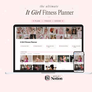 Op de afbeelding: Een digitale fitnessplanner weergegeven op een laptop- en smartphonescherm, getiteld The Ultimate It Girl Fitness Planner. De interface bevat een workout-tracker, gezondheidsstatistieken en een collage van roze afbeeldingen. Made in Notion.
