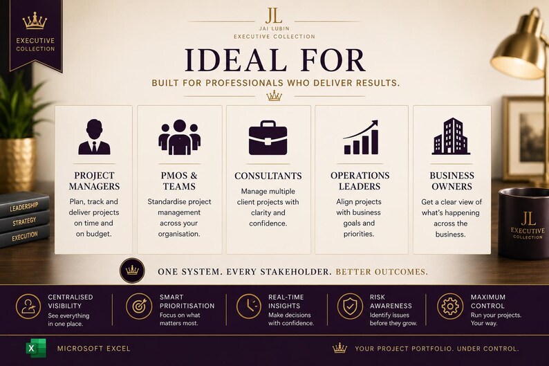 May include: A professional infographic titled IDEAL FOR BUILT FOR PROFESSIONALS WHO DELIVER RESULTS. It features five columns with icons and text for Project Managers, PMOs & Teams, Consultants, Operations Leaders, and Business Owners, plus a bottom row of features and the Microsoft Excel logo.