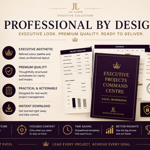 May include: An Executive Projects Command Centre Excel workbook digital product display featuring a dark purple cover with gold text, project management dashboard templates, and a list of features including executive aesthetic and premium quality.