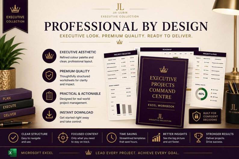 May include: An Executive Projects Command Centre Excel workbook digital product display featuring a dark purple cover with gold text, project management dashboard templates, and a list of features including executive aesthetic and premium quality.
