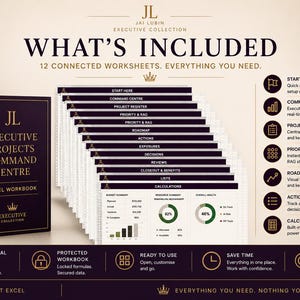 May include: A digital Excel workbook titled Executive Projects Command Centre, featuring 12 connected worksheets. The dark purple and gold branding includes a list of components like Start Here, Command Centre, Project Register, Priority & RAG, Roadmap, Actions, Exposures, Decisions, Reviews, Closeout & Benefits, Lists, and Calculations.