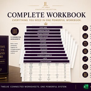 May include: A dark purple and gold Excel workbook titled Executive Projects Command Centre, featuring 12 connected worksheets including Start Here, Command Centre, Project Register, Priority & RAG, Roadmap, Actions, Exposures, Decisions, Reviews, Closeout & Benefits, Lists, and Calculations.