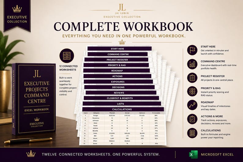 May include: A dark purple and gold Excel workbook titled Executive Projects Command Centre, featuring 12 connected worksheets including Start Here, Command Centre, Project Register, Priority & RAG, Roadmap, Actions, Exposures, Decisions, Reviews, Closeout & Benefits, Lists, and Calculations.