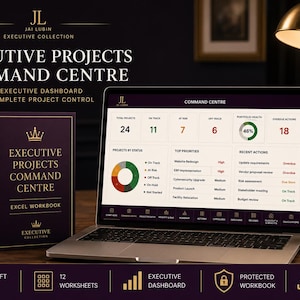 Op de afbeelding: Een laptop toont een Executive Projects Command Centre dashboard met projectstatistieken, statusgrafieken en prioriteitenlijsten. Daarnaast staat een bijpassend paars boek met de titel Executive Projects Command Centre Excel Workbook.